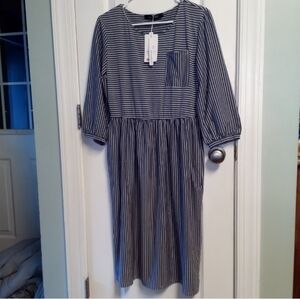 Merokeety NWT Striped Navy Blue & White Women's Midi Dress L Career Office